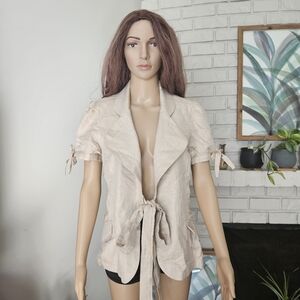 Second Vintage beige tan linen bamboo short sleeve top tie front blouse